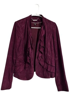 WHBM Women’s Burgundy 100% Genuine Leather Suede Ruffle Long Sleeve Blazer Sz-S